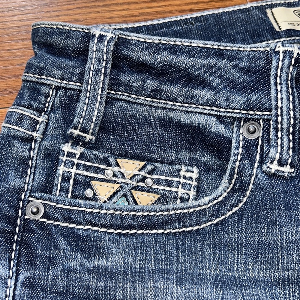 ROCK&ROLL‎ DENIM MID RISE STRETCH AZTEC LEATHER EMBROIDERED BOOTCUT JEANS -28x34 - Picture 4 of 12